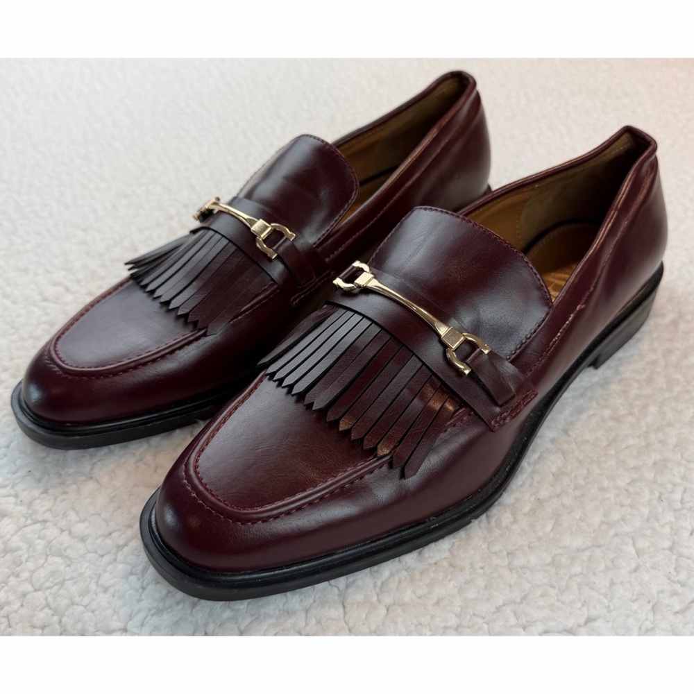 ZARA • Burgundy Leather Fringe Loafers w/ Gold Horsebit Hardware, EU 40 (US 9) - Picture 4 of 16